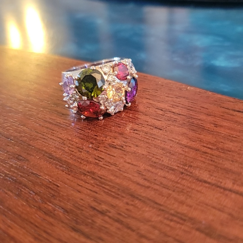 Multi-color Stone Silver Cocktail Ring, sz 9
